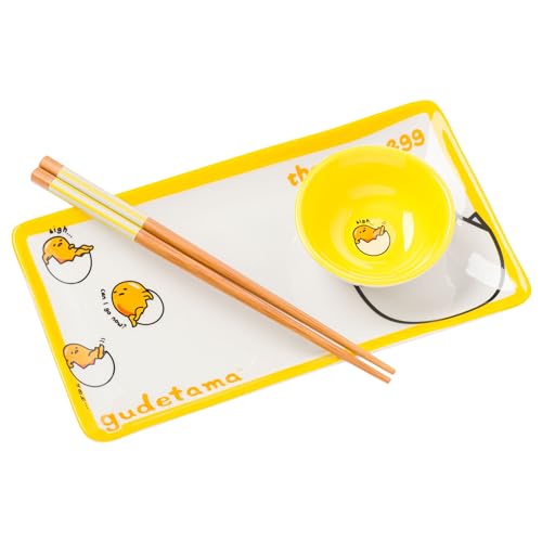 Image of Silver Buffalo Sanrio Hello Kitty and Friends Gudetama Lazy Egg Sigh Yellow Ceramic Sushi Set with Dipping Sauce Dish and Matching Chopsticks