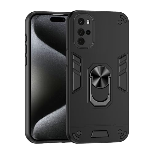 Compatible with Motorola Moto G22 Phone Case Series Rugged, Shockproof Protective Cover with Built-in Metal Ring Stand, Compatible with Magnetic Car Mount- Black