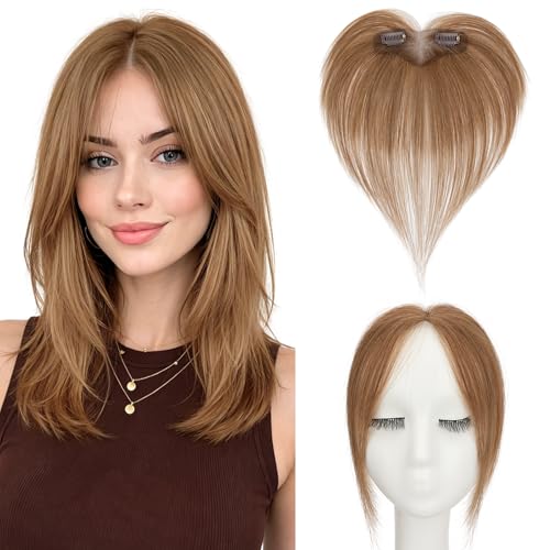 Hairro Clip In Bangs Real Human Hair Bangs Hair Clip Wispy Thin Swept Side Bangs Clip On Clip-in Fake Bang Hairpieces Front Mini Topper For Women 9g #06 Light Brown