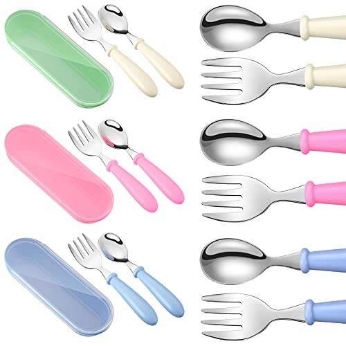 Image of 9 Pieces Toddler Utensils Stainless Steel Fork and Spoon Safe Baby Silverware Set, Kid Safe Utensils Children's Flatware Kids Cutlery Set with Round Handle for LunchBox (White, Rose Red, Blue)