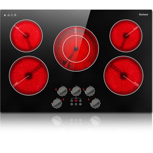 Karinear Electric Cooktop 30 Inch, 5 Burner Radiant Cooktop with Knob & Touch Control, 8500W 240V Built-in Stove Top, 9 Power Levels, Timer, Child Lock, Pause, Residual Heat Indicator(Black Knob)