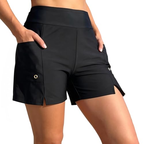 Image of Kideerly Swim Shorts Women, Board High Waisted with Pokcets Liner Quick, Womens Swim Shorts, Swimming Shorts Womens, for Swimming Board Running Summer (UK, Alpha, M, Regular, Regular) Black