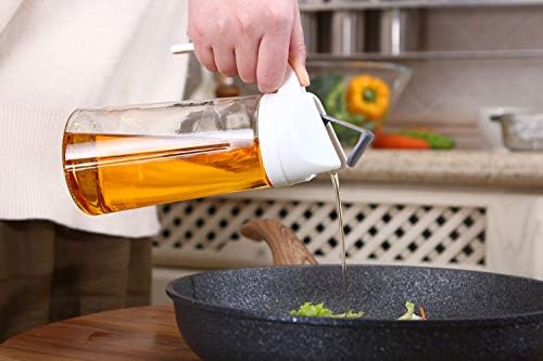King Style Oil Dispenser,Auto Flip Olive Oil Glass Bottle, 630ml Leakproof Condiment Container with Automatic Cap and Stopper, Non-Drip Spout, Non-Slip Handle for Kitchen Cooking (White)