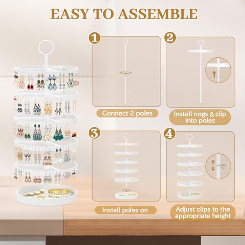 MODOWEY 5 Tier Rotating Earring Holder Organizer Display Tree with Metal Tray, Adjustable Plastic Stand with 285 Slots for Stud Hoop Hanger, Large Capacity Storage Rack for Women Space Saving, White by MODOWEY - Used condition - Image 5