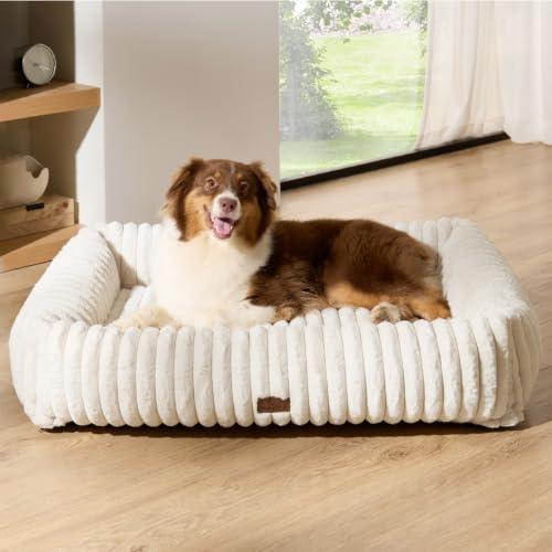 Image of Bedsure ComfyFleece Cute Dog Beds Large Sized Dog Washable,40in Cream | Furry Big Rectangle XL Pet Beds, Aesthetic,Orthopedic Corduroy Fleece,Removable Zipper Cover,Non-Slip Bottom,Up To 75 Lbs