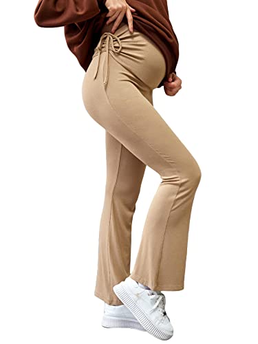 Makemechic Women's Maternity Pants Over The Belly Ribbed Knit Drawstring Pregnancy Flare Pants Khaki M #TOP23