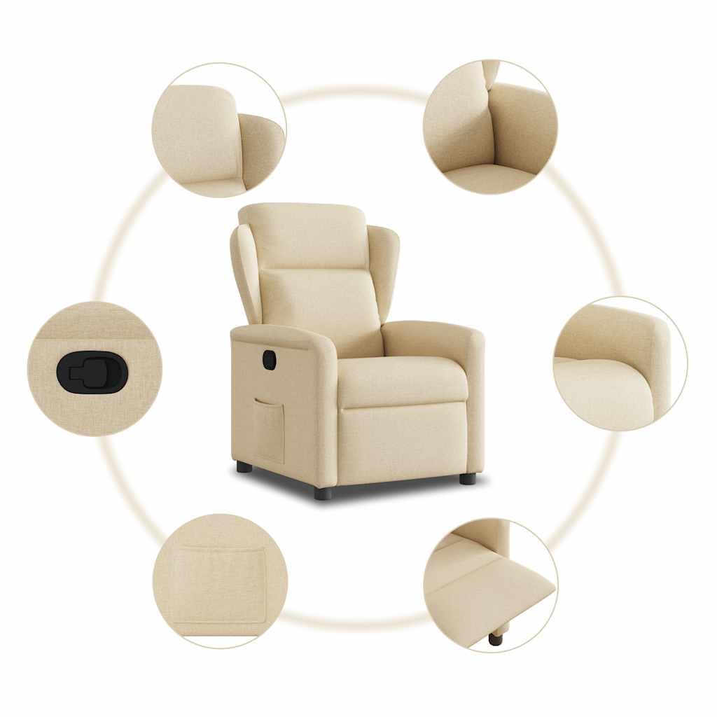 Sillón de relax de tela color crema, ajustable manualmente, acolchado grueso, con bolsillo lateral, capacidad de carga de 110 kg, para salón, dormitorio, sillón con orejeras