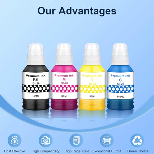 Image of GI-26 GI26 GX7021 GX4020 Ink Refill Bottles Replacement for Canon 26 Ink | for Canon MAXIFY GX7021, GX6021, GX7020, GX6020, GX4020, GX5020, GX7120, GX6120 Megatank, 4 Pack