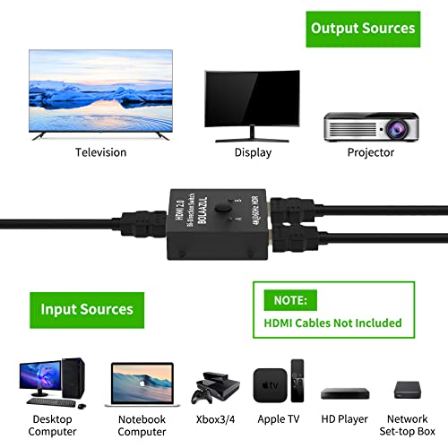 HDMI Switch Splitter 4K@60Hz, BolAAzuL Bi-Directional HDMI 2.0 Splitter Switcher 1 in 2 Out/2 in 1 Out HDMI Switch 2 Port Display Selector (2 x 1/1 x 2) 4K 3D HD 1080P for PS4,PC,Apple TV etc - Thumbnail 6