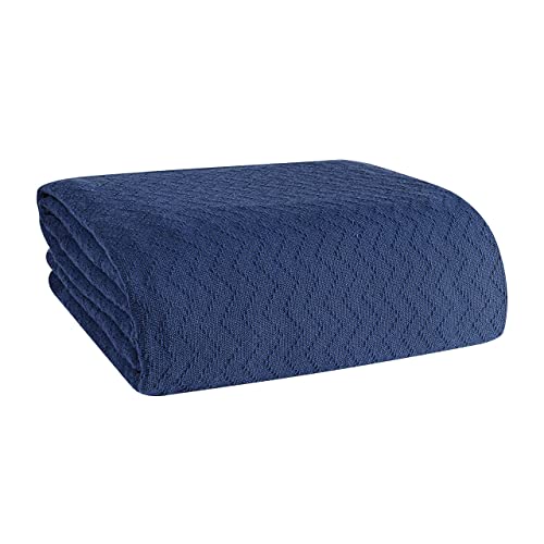 Belizzi Home 100% Cotton Bed Blanket, Breathable Thermal Blanket Twin Size, Soft Chevron 60''X90'', Perfect For Layering Any All Season, Navy Blue #TOP16