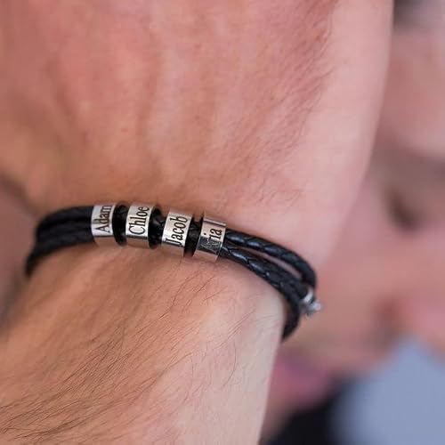 Iceliete Personalized Mens Leather Bracelets Custom Bracelets For Mens Women Father's Day Gifts Engraved Name Bracelets With 2-6 Small Custom Beads #TOP2