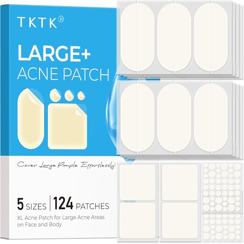 TKTK Large Pimple Patches for Face 60 x 30 mm XL Acne Patches Big Hydrocolloid Bandages for Body Back Forehead Chin Neck Blemish Zit Breakouts (Oval Square Dot 5 Sizes 124 Count)