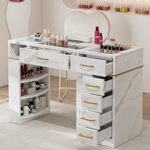 TTGIEET Nail Tech Table with Dust Collector, Glass Top Manicure Table Nail Desk Station w/7 Drawers & 3-Tiers Open Shelves, Nail Beauty Workstation w/Wrist Cushion & Golden Handles（Marble Color）