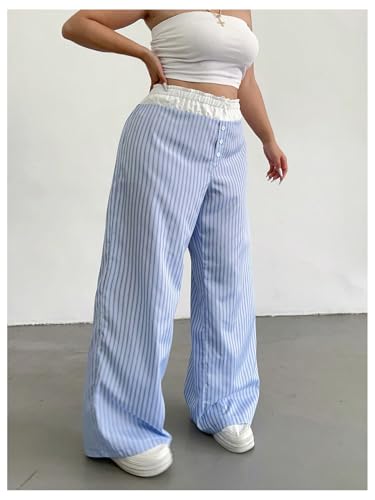 MakeMeChic Women's Plus Size Y2K Striped Baggy Pants Bow Button Wide Leg Trousers3