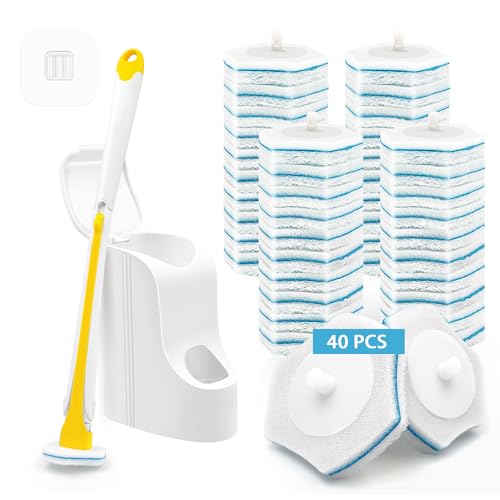 JEHONN Disposable Toilet Brush with 40PCS Wand Cleaner Refills, Wall Mounted Toilet Bowl Brush Holder Set, Bathroom Cleaning System for Sink Bathtub Wash Basin (Yellow) by JEHONN - Used condition - CA$13.03