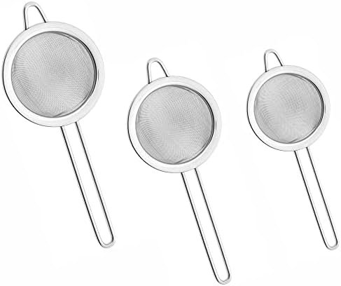 Tea Strainer Fine Mesh Sieve (7cm 8cm 10cm) Size Stainless Steel with Non Slip Handle Kitchen Craft Strainers for Loose Tea Cocktail Juice Flour Spices and Baking Silver Color (Pack of 3)