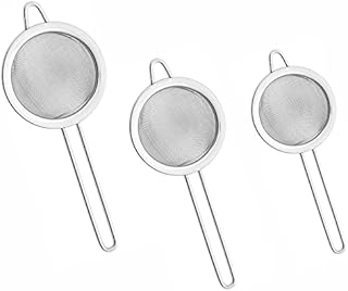 Tea Strainer Fine Mesh Sieve (7cm 8cm 10cm) Size Stainless Steel with Non Slip Handle Kitchen Craft Strainers for Loose Tea Cocktail Juice Flour Spices and Baking Silver Color (Pack of 3)