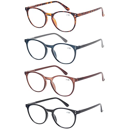 Kerecsen 4 Pack Retro Round Reading Glasses Men Women Spring Hinges Lightweight Quality Readers (2.0,Black Tortoiseshell Blue Brown)