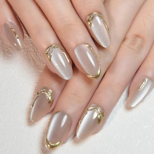 evpct Nude Cat Eye Press on Nails Short Almond with Gold Liner De...