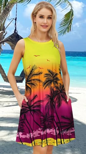 Image of elescat Women's Summer Dresses 2026 Beach Casual Sleeveless Floral Print Tank Loose Sundress with Pocket