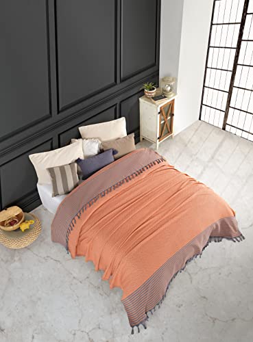 Wellstil Aria | Turkish Throw Blankets - 80 X 100 Inches,%100 Cotton Blankets Queen Size - Boho Throw Blanket For Couch, Sofa, Bed - Farmhouse Throw Blanket With Tassels (Orange) #TOP1