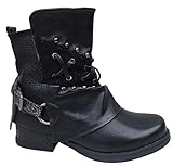  Damen Stiefeletten Boots Stiefel Nieten Biker ST04 (ST107 Schwarz, 39)