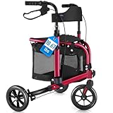 WALK MATE 3 Wheel Rollator Walker with Seat for Slim Seniors, Padded Backrest Lightweight Foldable Travel Walker Ideal for Elderly, 8 Inch Tri-Wheel Modern Mobility Walking Aid Aluminum, Red