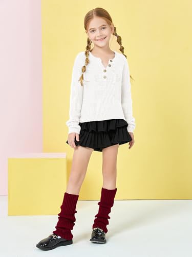 Image of rrhss Girls Waffle Knit Sweaters Trendy Henley Button V Neck Long Sleeve Pullover Jumper Tops