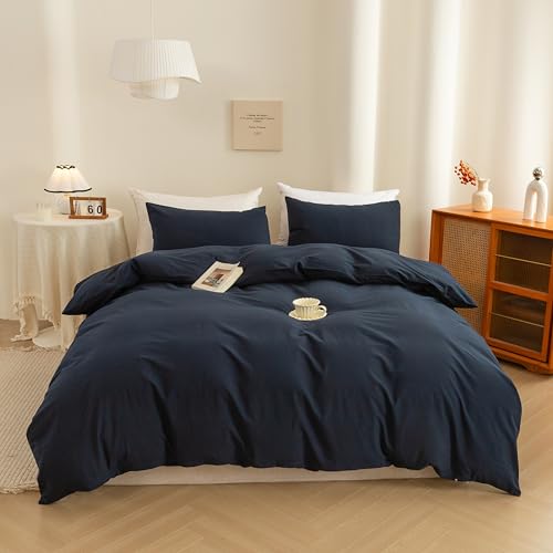 ECOCOTT Navy Blue Duvet Cover Queen Size, 100% Washed Cotton 3 Piece Bedding Set 1 Duvet Cover with Zipper and 2 Pillowcases, Ultra Soft and Easy Care Breathable Duvet Cover(Navy Blue, Queen)