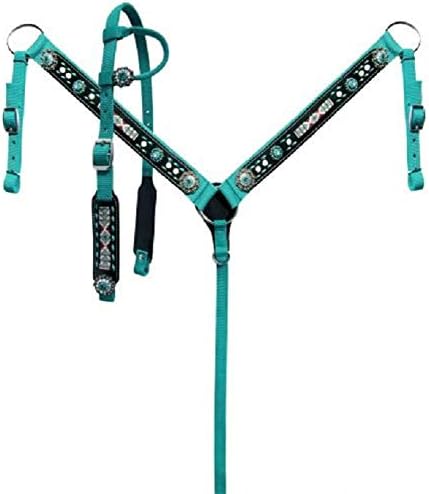 Showman Horse Size Teal Nylon Headstall and Breast Collar Set with Beaded Inlay