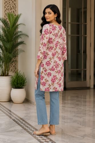 Image of Women's Floral Print Straight Kurta, 3 /4 Sleeves, Pink