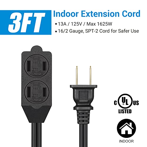 Dewenwils 3 Outlet Extension Cord, 2 Prong Extension Power Strip, 3Ft 16 Awg Power Cord For Indoor Use, Black, Ul Listed, 3 Pack #TOP1