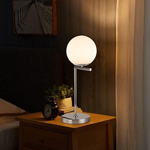 Karmiqi Modern Bedside Table Lamp with Glass Ball Shade, Contemporary Globe Desk Lamps for Living Room, Sliver Nightstand Lamps for Bedroom
