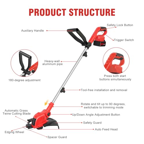 RAXONE 21V Cordless String Trimmer & Edger, 12\" Auto-Feed Grass Cutter with 4.0Ah Battery & Fast Charger, 2-in-1 Electric Lawn Tool Includes 10 Lines for Garden and Yard Maintenance - Red