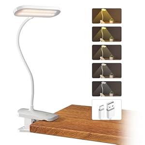CUHIOY Desk Lamp with Clamp, Portable Cordless Rechargeable Clip on Reading Light, Eye-Caring LED Dorm Bunk Bed Light, 5 Colors 5 Brightness Flexible Neck Architect Lamp for Studying Crafting (White)