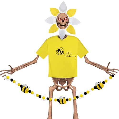 Cozypower 3 Pcs Summer 12 ft Skeleton Clothes Accessories Skeleton Outfit Yellow Bee Shirt Flower Hat Bee Flower Felt Garland Spring Costume for 12 ft Costume Outfit Dress Decor