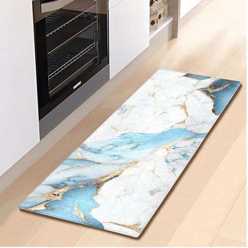 Tapis de bain antidérapant bleu et or 51x99 cm en microfibre - 5