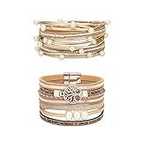 Milacolato 2 Stück Boho Lederarmband Wickelarmbänder Für Damen Mädchen Lebensbaum Perle Geflochtenes Lederseil Handgemachte Mehrschichtige Magnetisch Wrap Cuff Armbänder Armreif Schmuck