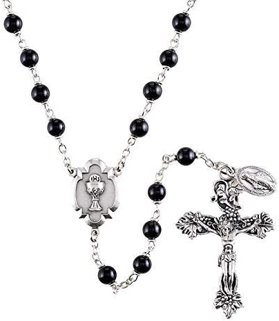 Elysian Gift Shop Rosario italiano de plata de la primera comunión con centro de mesa de cáliz de comunión y crucifijo de vid, Vidrio, No es una Elysian Gift Shop Rosario italiano de plata de la primera comunión con centro de mesa de cáliz de comunión y crucifijo de vid, Vidrio, No es una