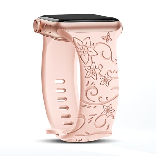 WYUXJWL Floral Engraved Band Compatible with Apple Watch 40mm 38mm 41mm 42mm 44mm 45mm 46mm 49mm for Women, Soft Silicone Breathable Wristband Cute Sport Strap for Apple Watch Ultra iWatch Series 11 10 9 8 7 6 5 4 3 2 1 SE (Pink, 38/40/41/42mm(series 10)) by WYUXJWL - Used condition - US$6.81