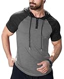 KUYIGO Mens Short Sleeve Hoodies Casual Athletic Workout Fashion Pullover Hooded Sweatshirt with Drawstring LightGray/DarkGray XL