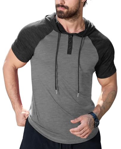 KUYIGO Mens Short Sleeve Hoodies Casual Athletic Workout Fashion Pullover Hooded Sweatshirt with Drawstring LightGray/DarkGray (M)