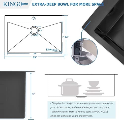 Kingo Home 33″X22″X9″ Drop In Black Kitchen Sink, 33 Inch Single Bowl Sink Top Mount Stainless Steel Gunmetal Black Sink, Handmade Commercial Modern Workstation Sinks With Cutting Board & Strainer #TOP4