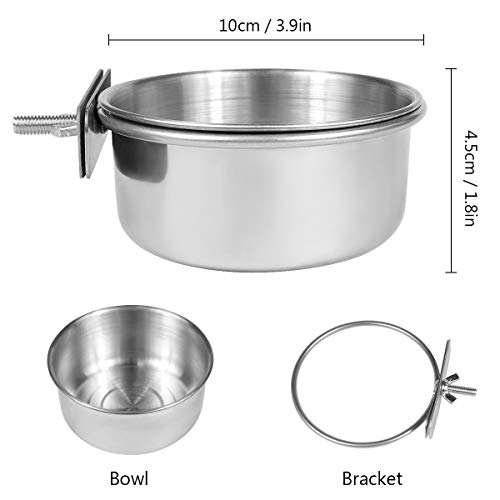 Birds Food Water Cup Parrot Food Bowl with Clamp Holder Stainless Steel Feeding Cage Dish Parrot Feeders Hanging Water Coop Bowls with Bracket Holder for Bird-lover and Small Animal (10cm/3.9in)