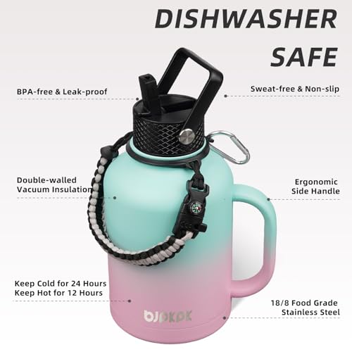 Image of BJPKPK Large Insulated Water Bottles with Straw Lid & Handle, 50oz Water Bottle with 3 Lids and Paracord Strap, Stainless Steel Metal Water Bottle, Insulated Water Jug, Marshmallow