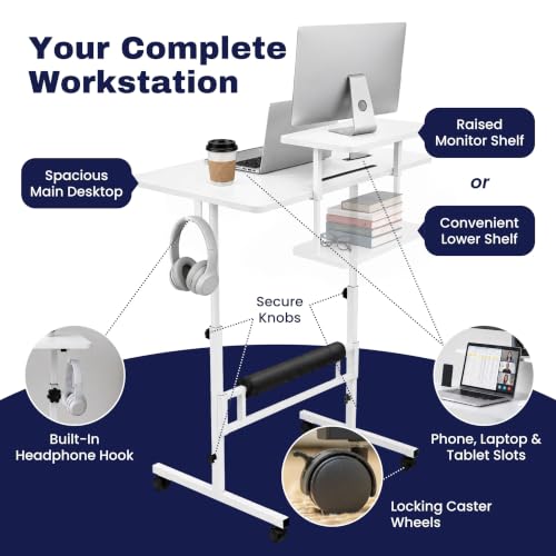 Zaqei Small Rolling Desk with Wheels, Adjustable Height 27"-43.3" Portable Standing Desk, 31.5"x15.7" Tabletop, Mobile Laptop Computer Table for Home Office Workstation, White by Zaqei - Used condition - Image 6