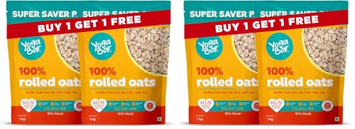 Image of Yogabar 100% Rolled Oats 2 kg (1 Kg Pack of 4 Pouch) | Gluten-Free, High-Fibre Wholegrain Oats | Nutritious Breakfast Cereal, Easy-to-Cook