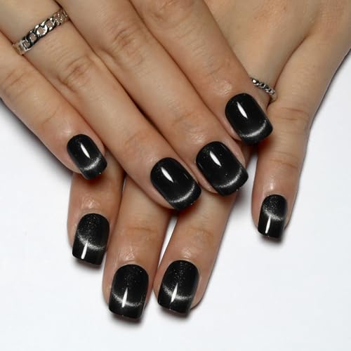 Gunmetal Silver Press On Nails Short Square,Cat Eye Fake Nails,De...