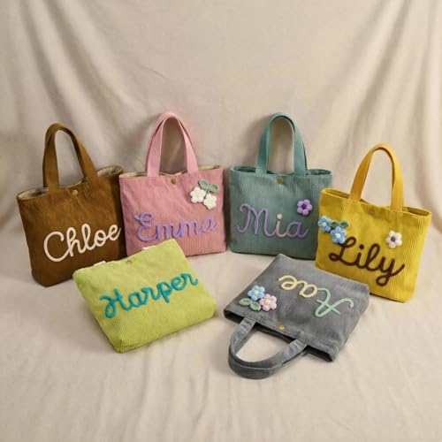 Bolso personalizado de pana, bolso casual de hombro con patrones personalizados de nombre/letras. Bolso de viaje de algodón duradero, regalo ideal para damas de honor, maestros y para Navidad, cumpleaños o luna de miel. miniatura 6