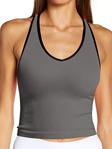 Cyanstyle Womens Sports Bra Workout Crop Color Block Tank Top Padded Yoga Gym Sleeveless Running Shirts Racerback Grey Large #TOP2